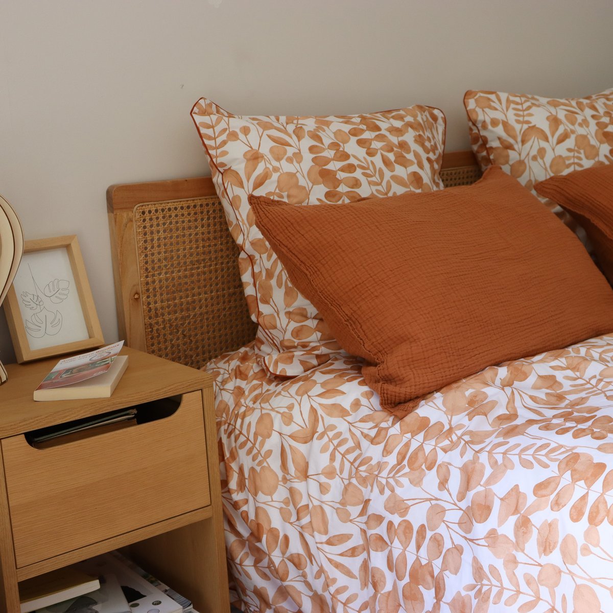 Housse de couette en percale de coton lavé, HERBIER terre cuite, BLANC CERISE