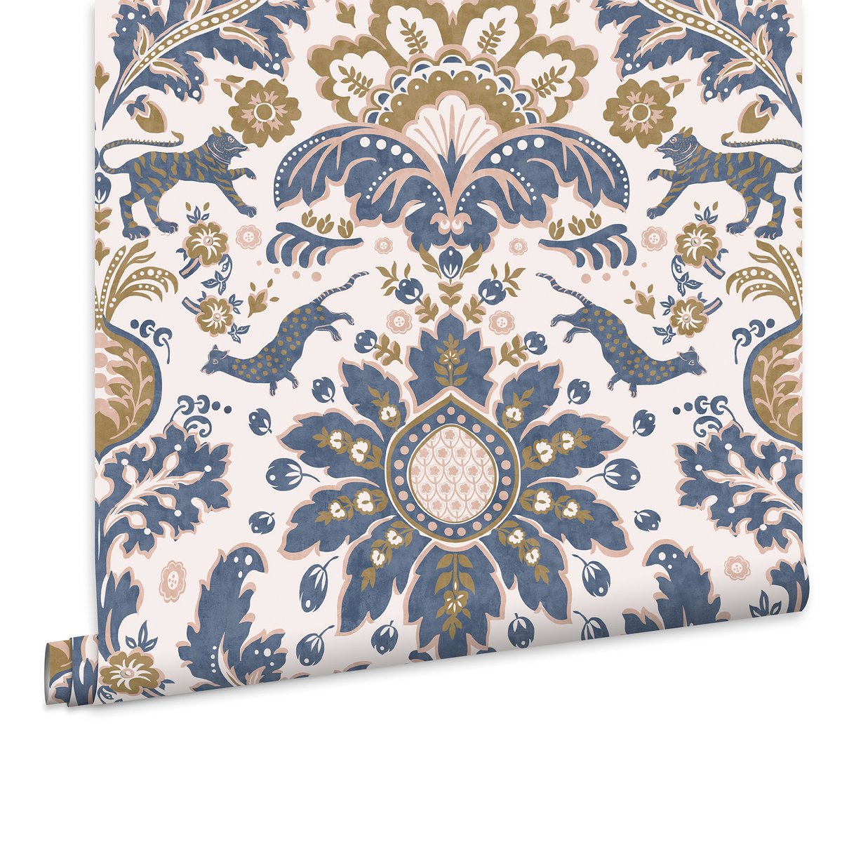 Papier peint damassé fleuri luxuriant bleu, rose, ocre, JOULES