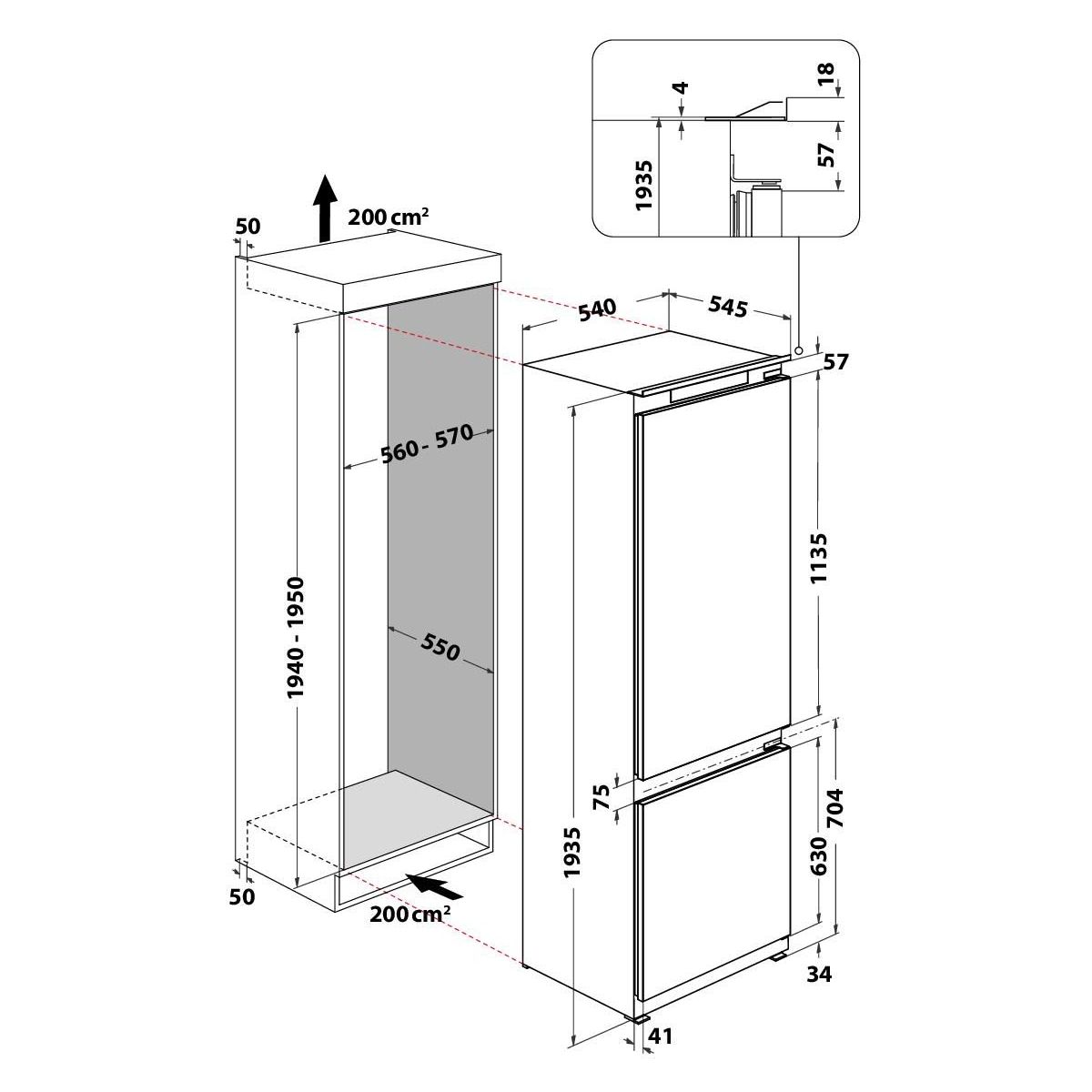 Réfrigérateur combiné encastrable WHC20D021B2 6ème Sens 193cm couleur unique, WHIRLPOOL