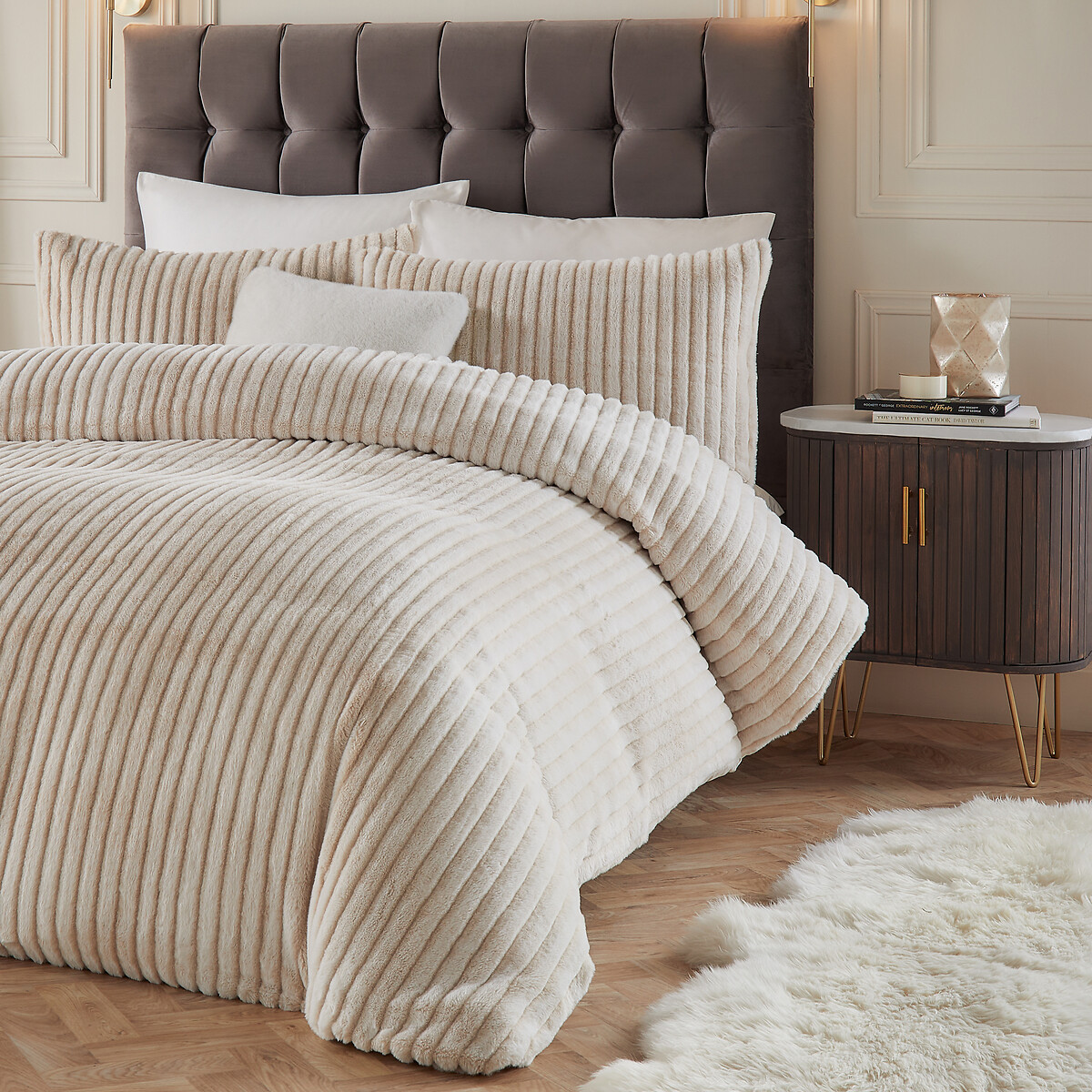 Alpine Striped Faux Fur Duvet Cover and Pillowcase Set champagne, PAOLETTI