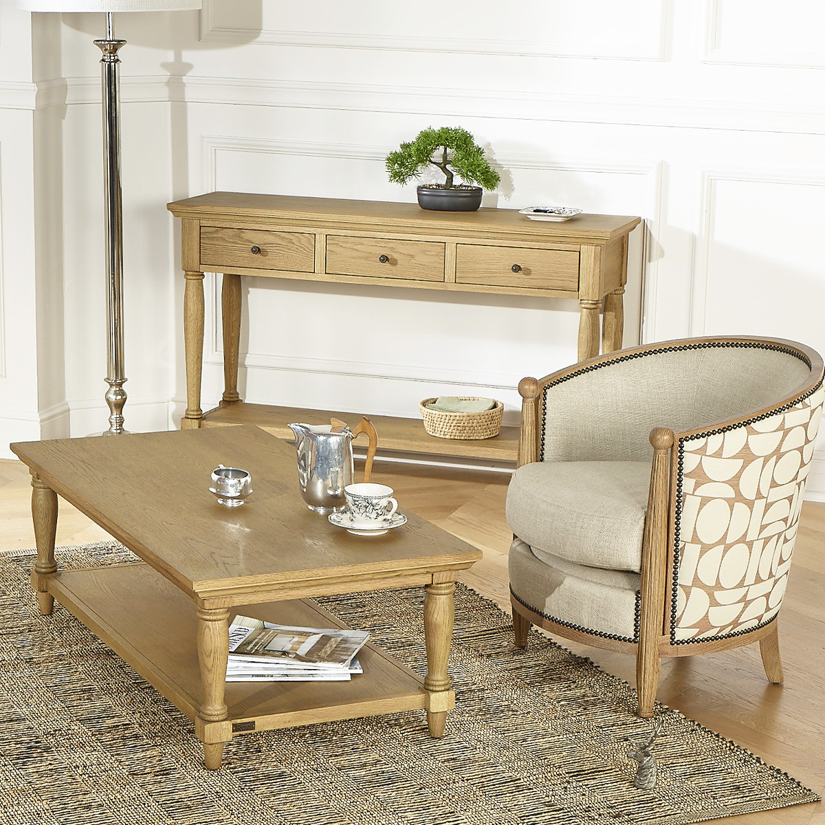 Fauteuil tonneau en chêne, lin et tissu édition limitée CAROLE lin, ROBIN DES BOIS