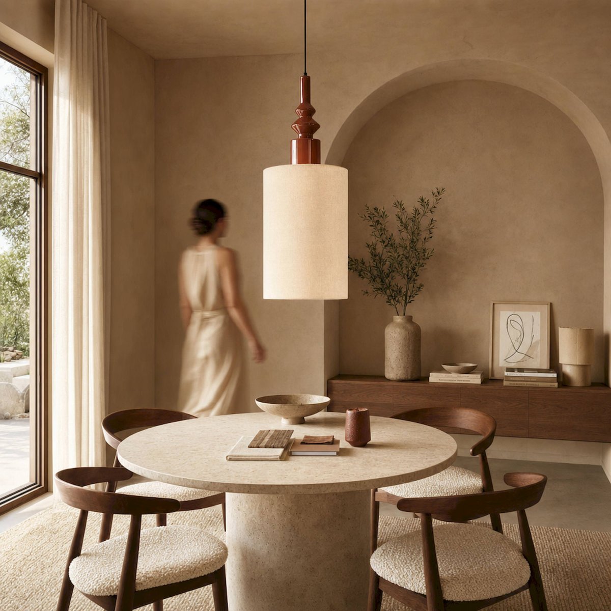 Suspension contemporaine en fer VACIO rouge tuile brillant et beige, RECOLLECTION