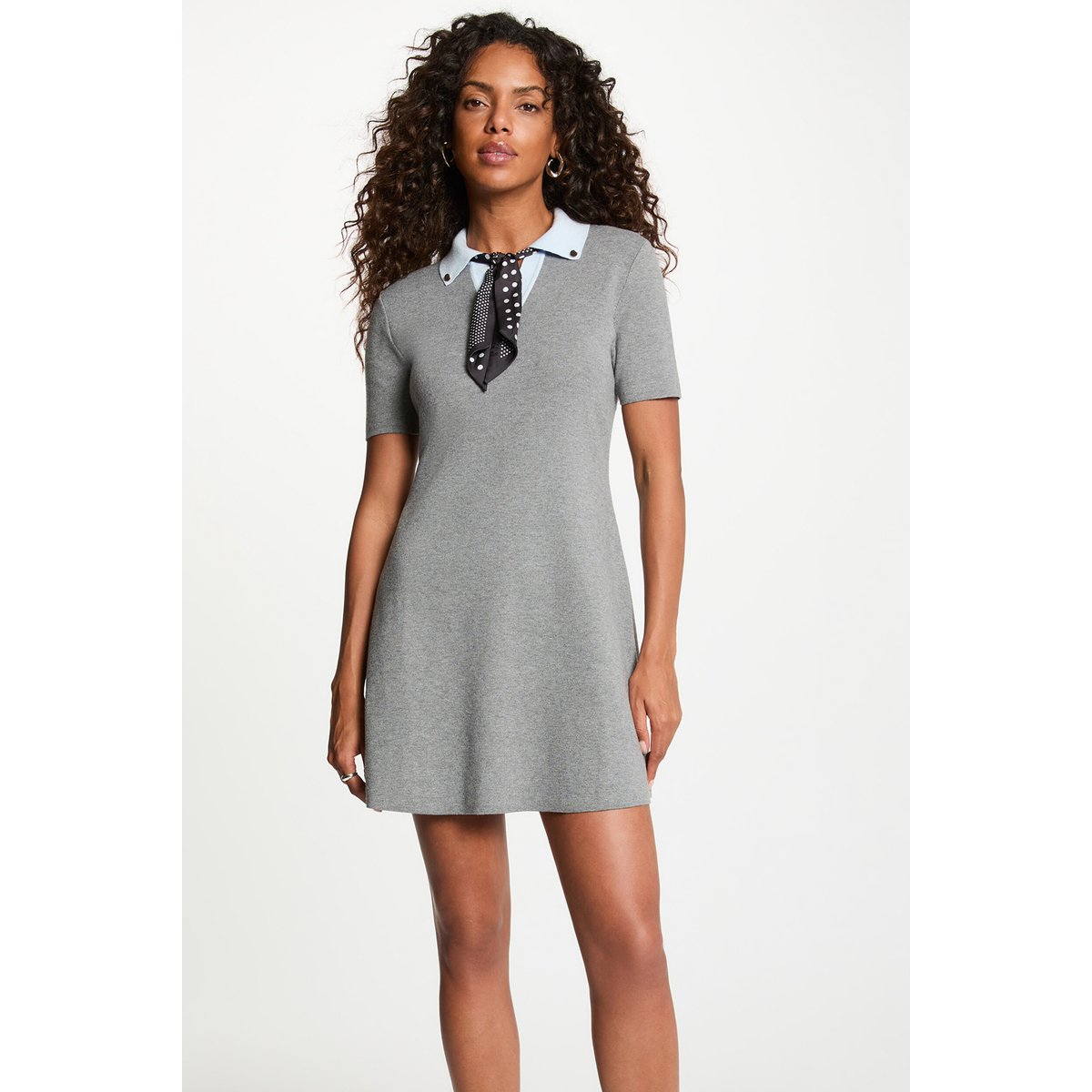 Robe tricot col à revers gris clair, MORGAN