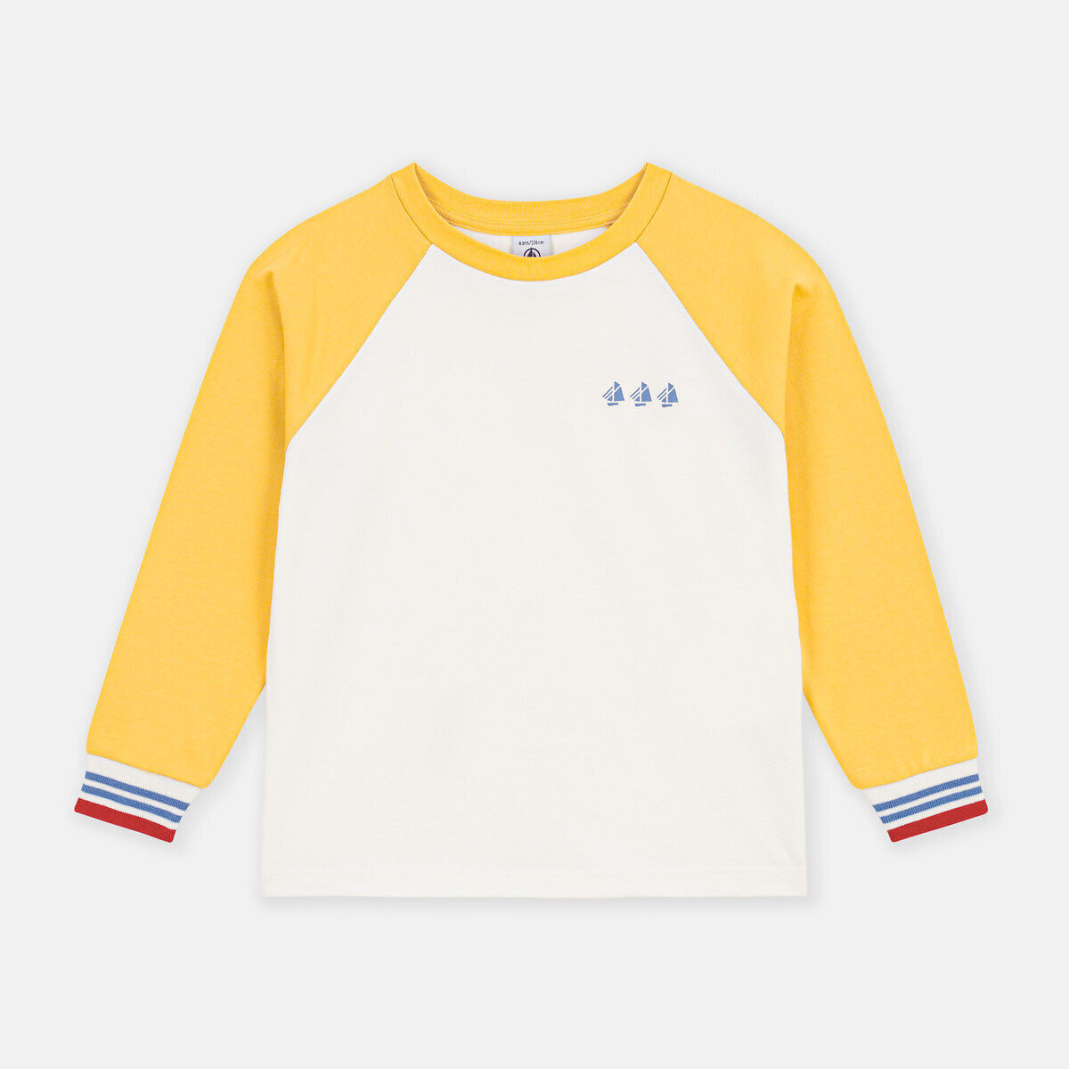 T-shirt manches longues en coton colorblock ecru/jaune, PETIT BATEAU