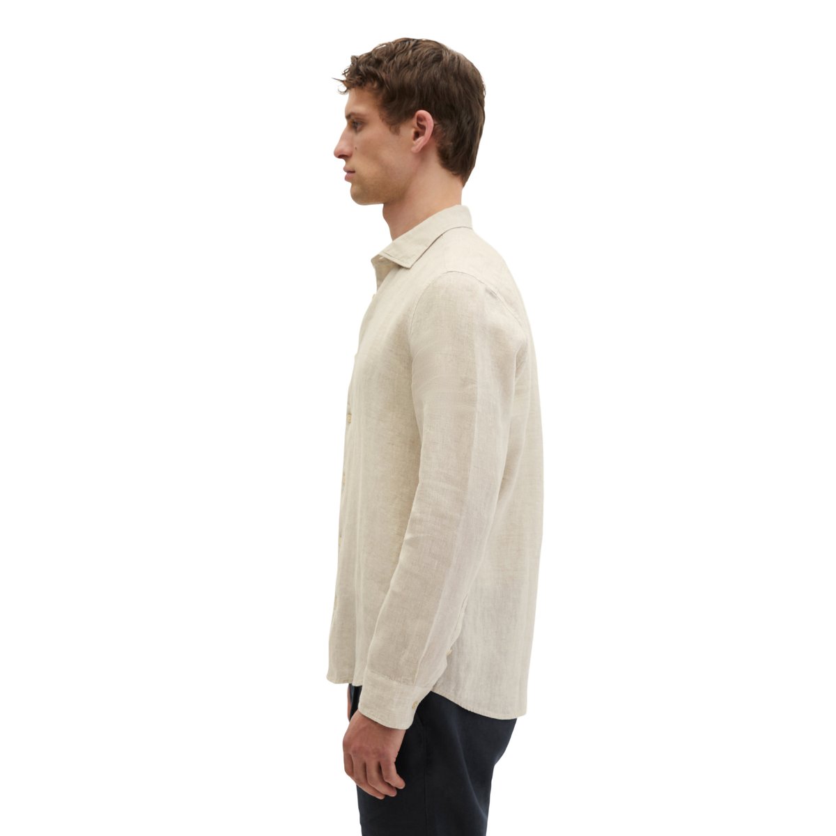 Chemise à col requin shaped en chambray de lin fin beige, MARC O'POLO