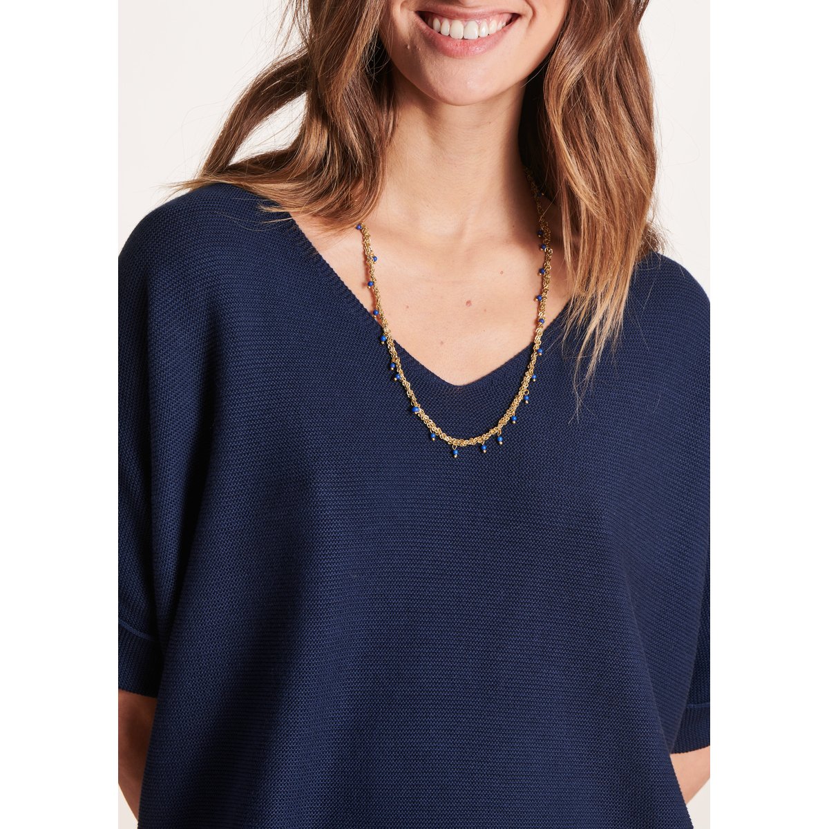 Pull manches courtes col V marine, LA FEE MARABOUTEE