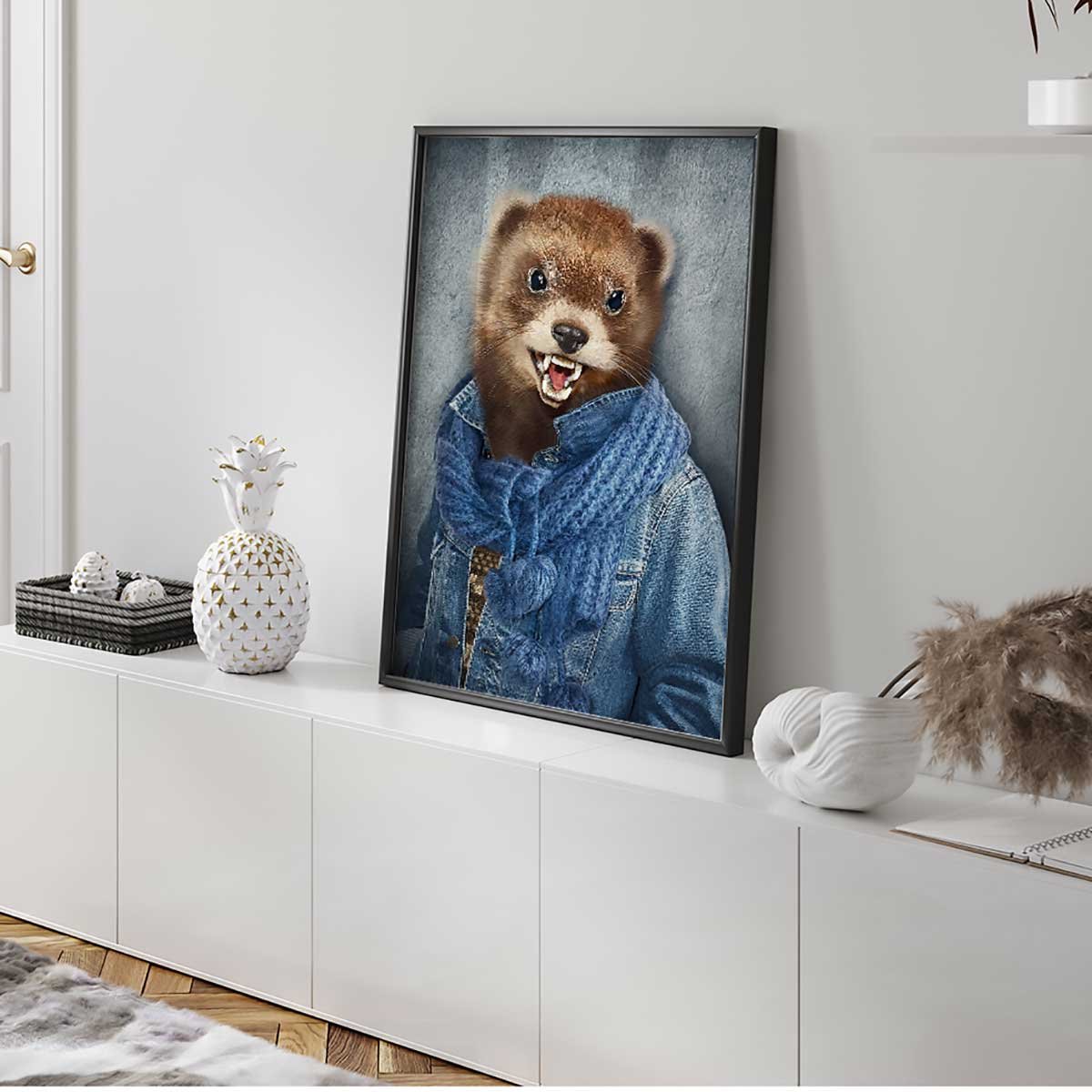 Affiche encadrée furet stylé en tenue moderne affiche + cadre en métal - noir, HEXOA