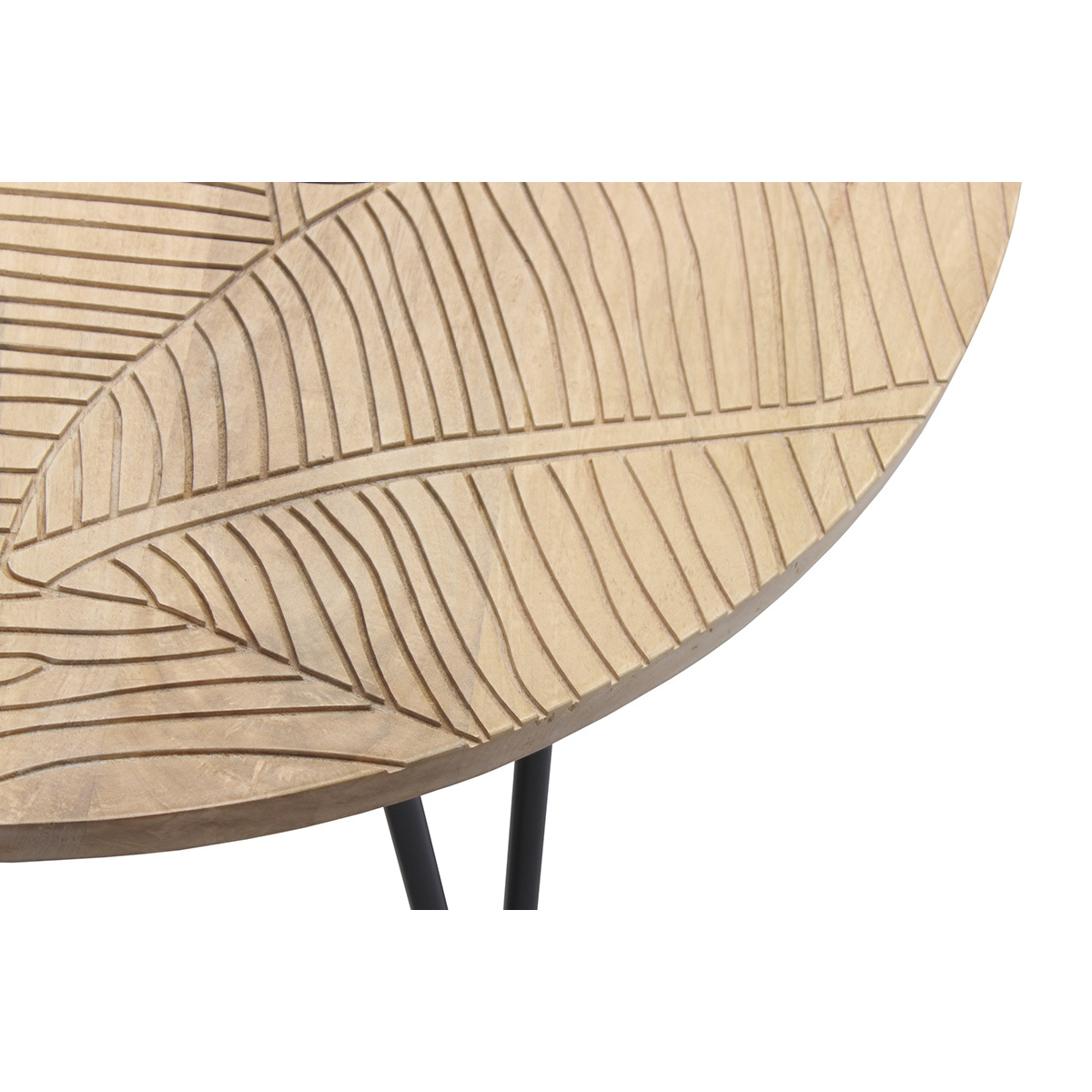Table basse ronde gravée bois manguier massif et métal noir D80 cm VIBES naturel, MILIBOO