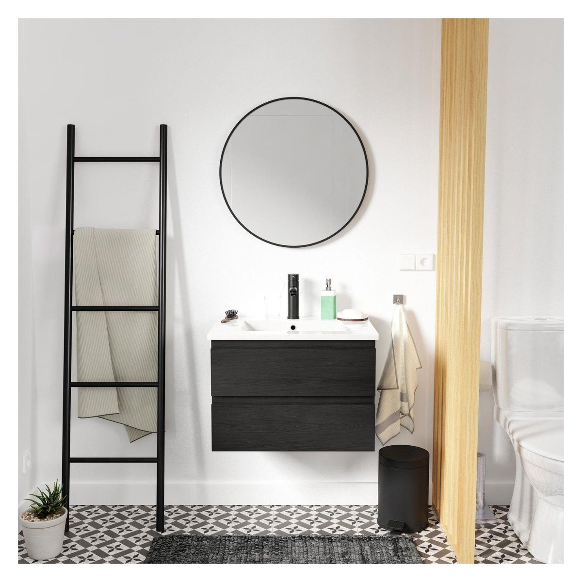 Meuble simple +vasque+robinet+miroir SORRENTO décor chêne carbone, MOB IN