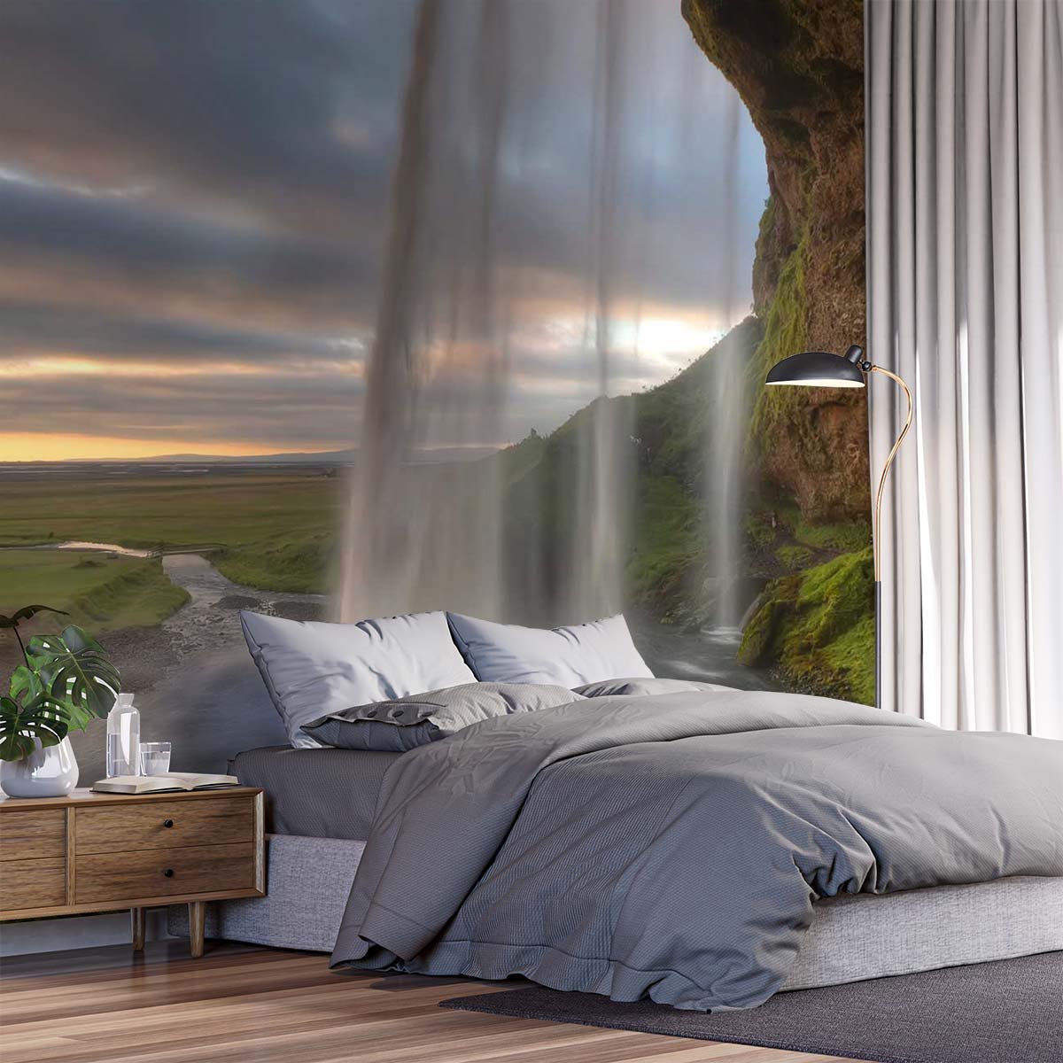 Papier peint panoramique sous une cascade en islande intissé, HEXOA
