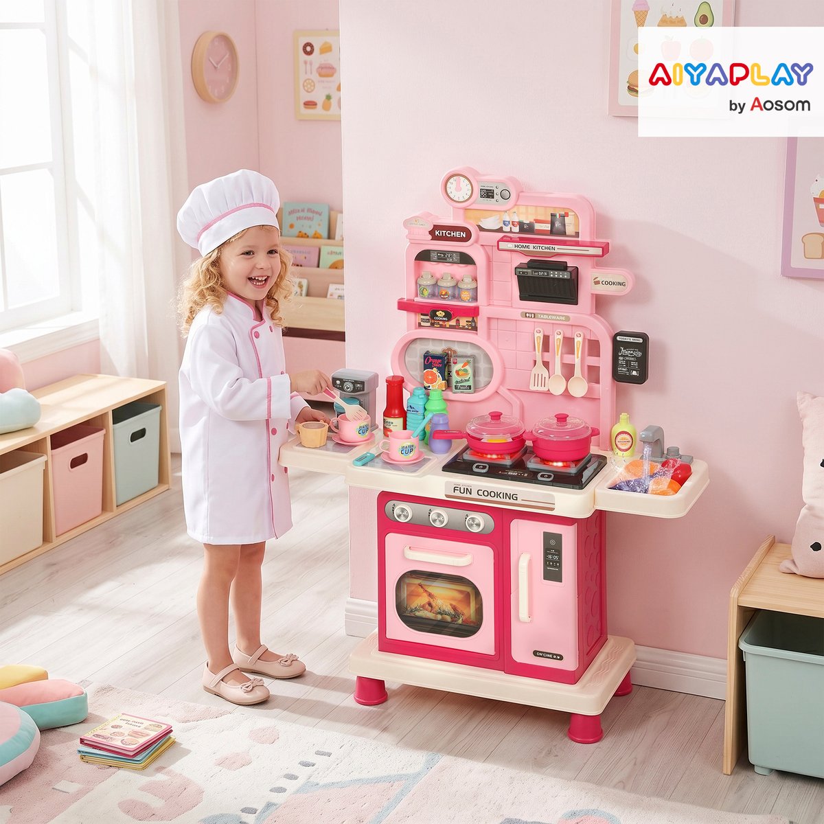 Ensemble de cuisine pour enfants Plastique rose, blanc, AIYAPLAY