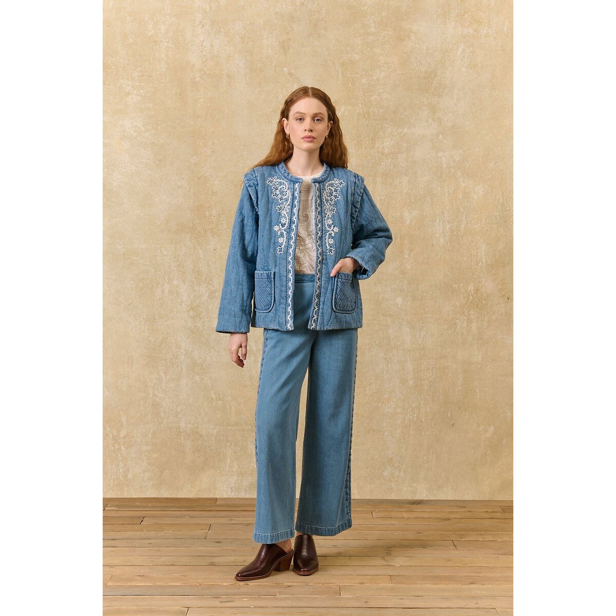 Veste en denim brodé à col rond, HORICIA stone blue, LOUISE MISHA