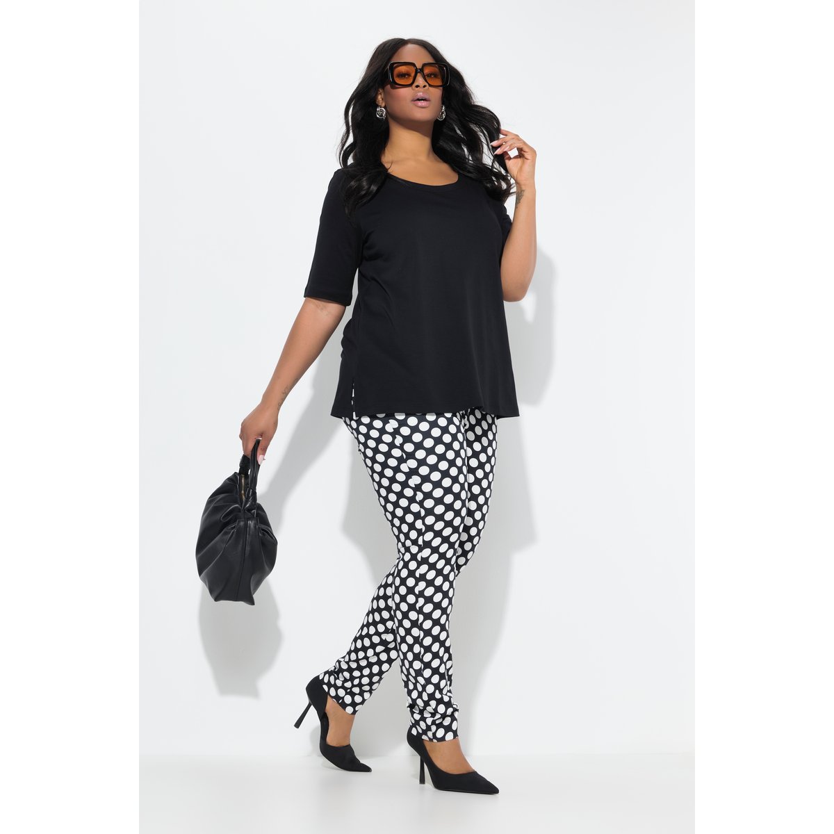 Pantalon à pois. Jambe étroite et taille noir, ULLA POPKEN
