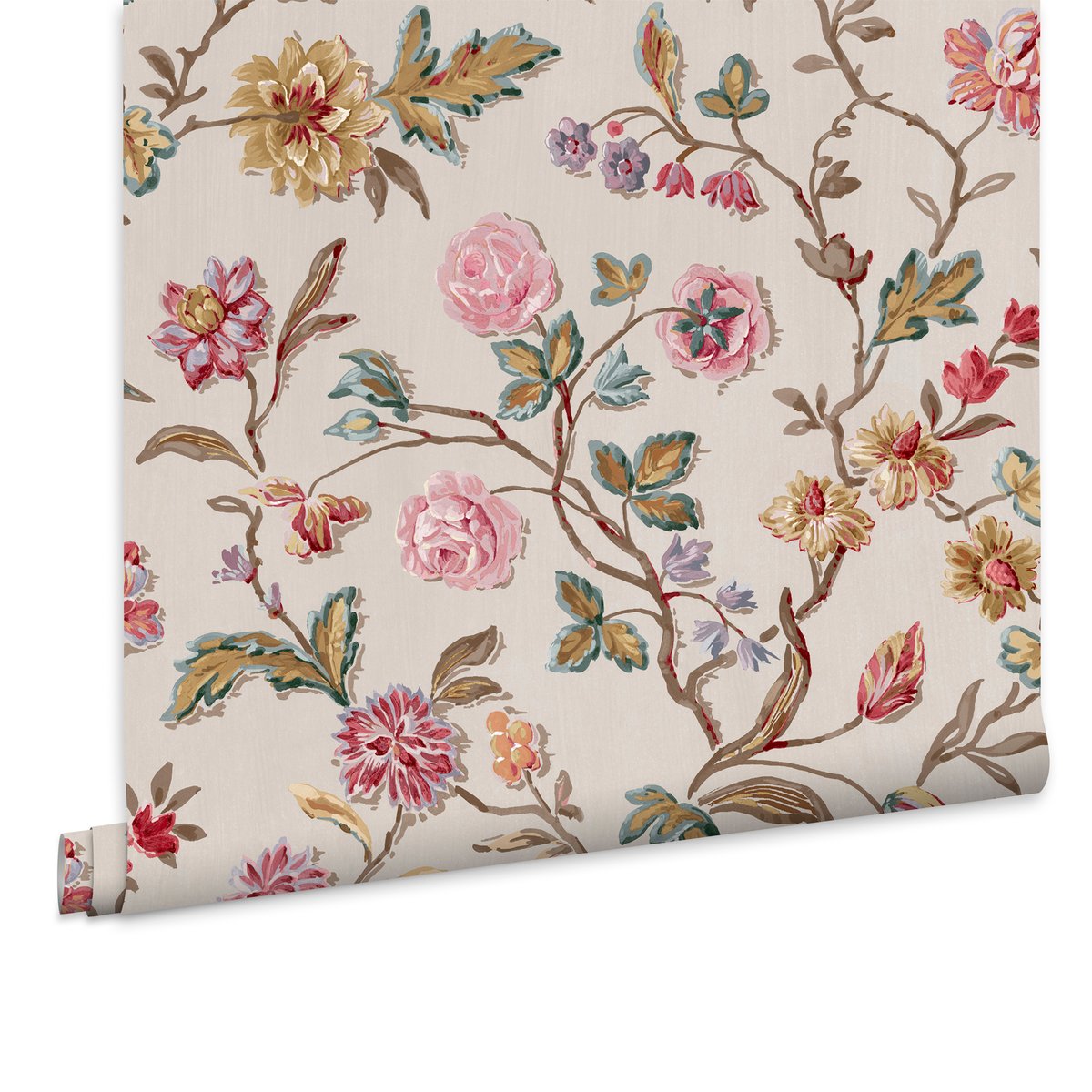 Papier peint Tulipes, roses et fleurs de jardin Lingmell Trail multicolore sur fond crème, LAURA ASHLEY