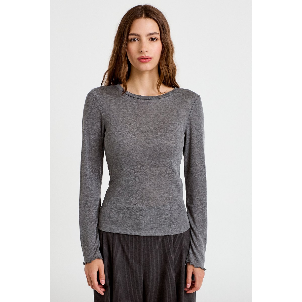 T-shirt ajusté col rond manches longues gris foncé, CACHE CACHE