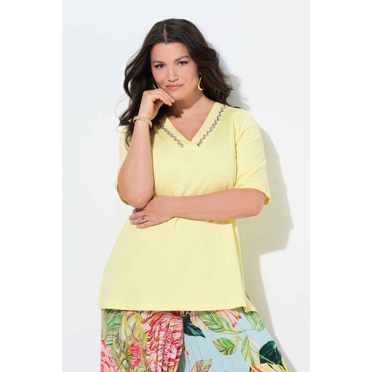 T-shirt en coton Pima, pierres fantaisie jaune citron, ULLA POPKEN