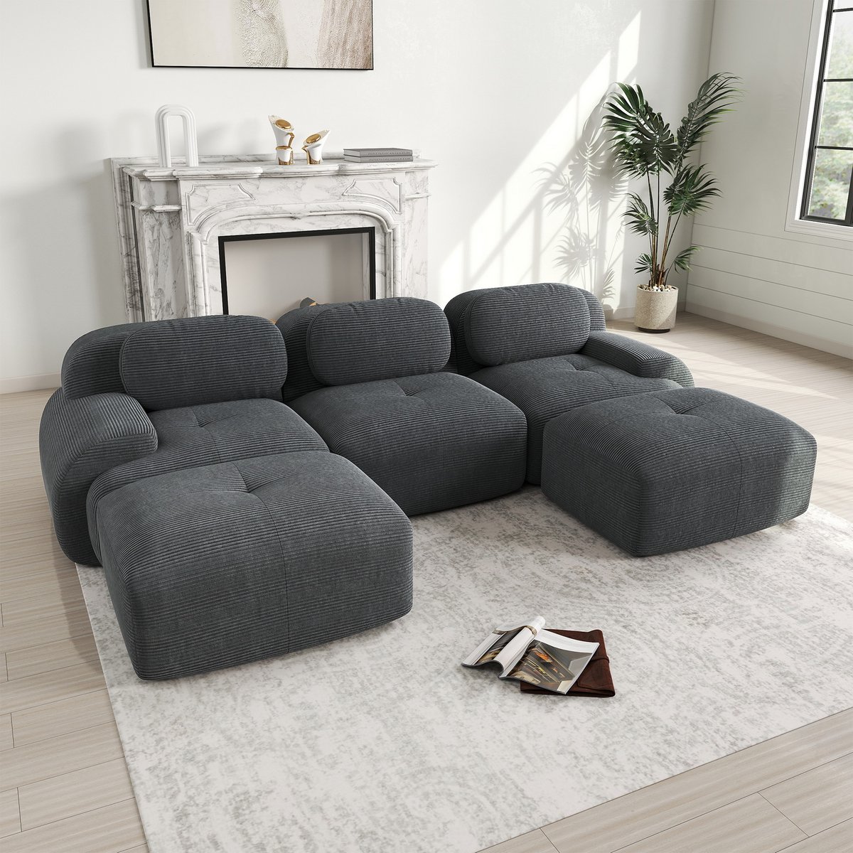 Canapé d'angle réversible 3 places avec 2 poufs en velours côtelé, SNOW gris, MEUBLES COSY