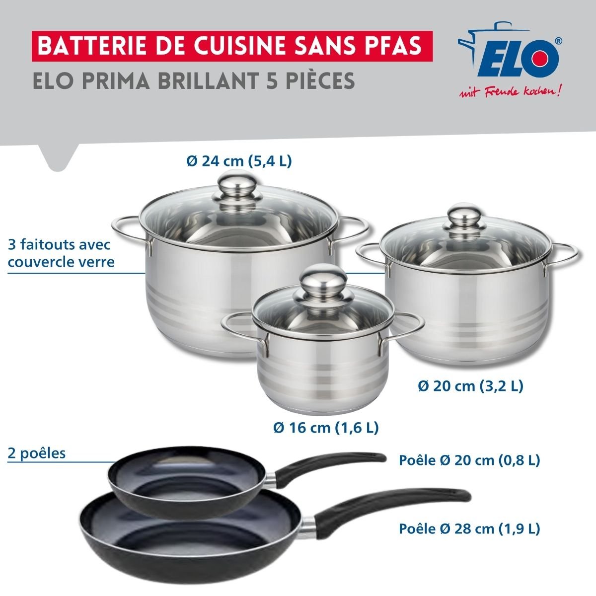 Batterie 2 poêles 20/28cm + 3 faitouts 16/20/24cm PRIMA BRILLANT noir, ELO