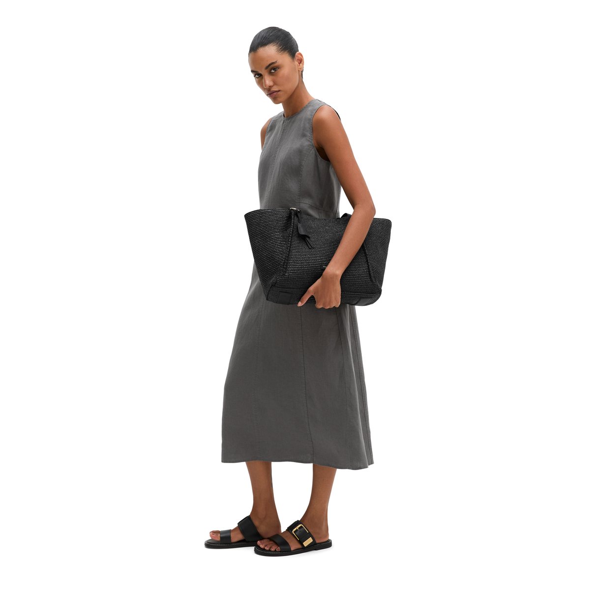 Shopper en raphia large avec détails élégants en cuir véritable noir, MARC O'POLO