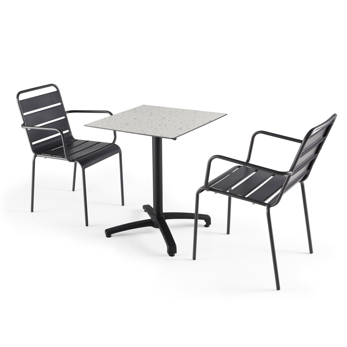 Table 60x60 cm inclinable stratifiée avec pied noir et chaises en métal, OPERA gris anthracite, OVIALA
