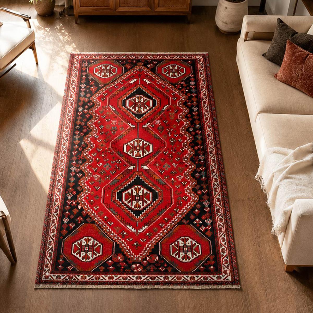 Tapis d'orient au motif oriental, noué à la main en laine rouge, crème, noir, UN AMOUR DE TAPIS