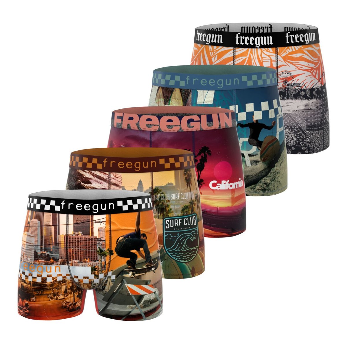 Lot De 5 Boxers Microfibre bleu/orange/rose/blanc, FREEGUN