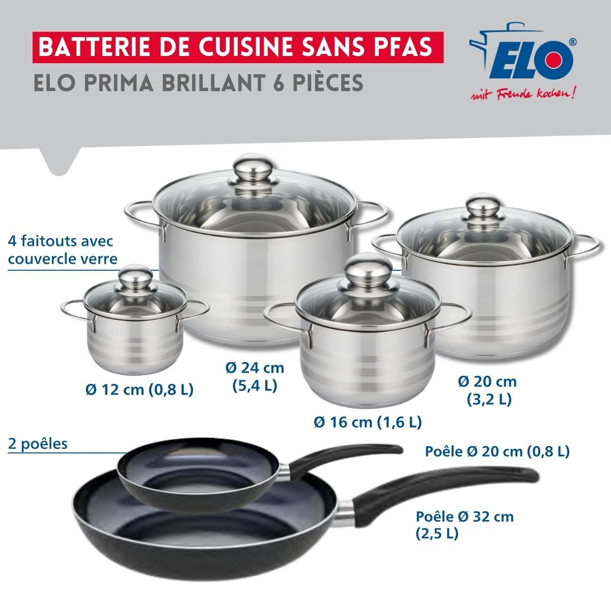 2 poêles 20/32cm + 4 faitouts 12/16/20/24cm PRIMA BRILLANT noir, ELO