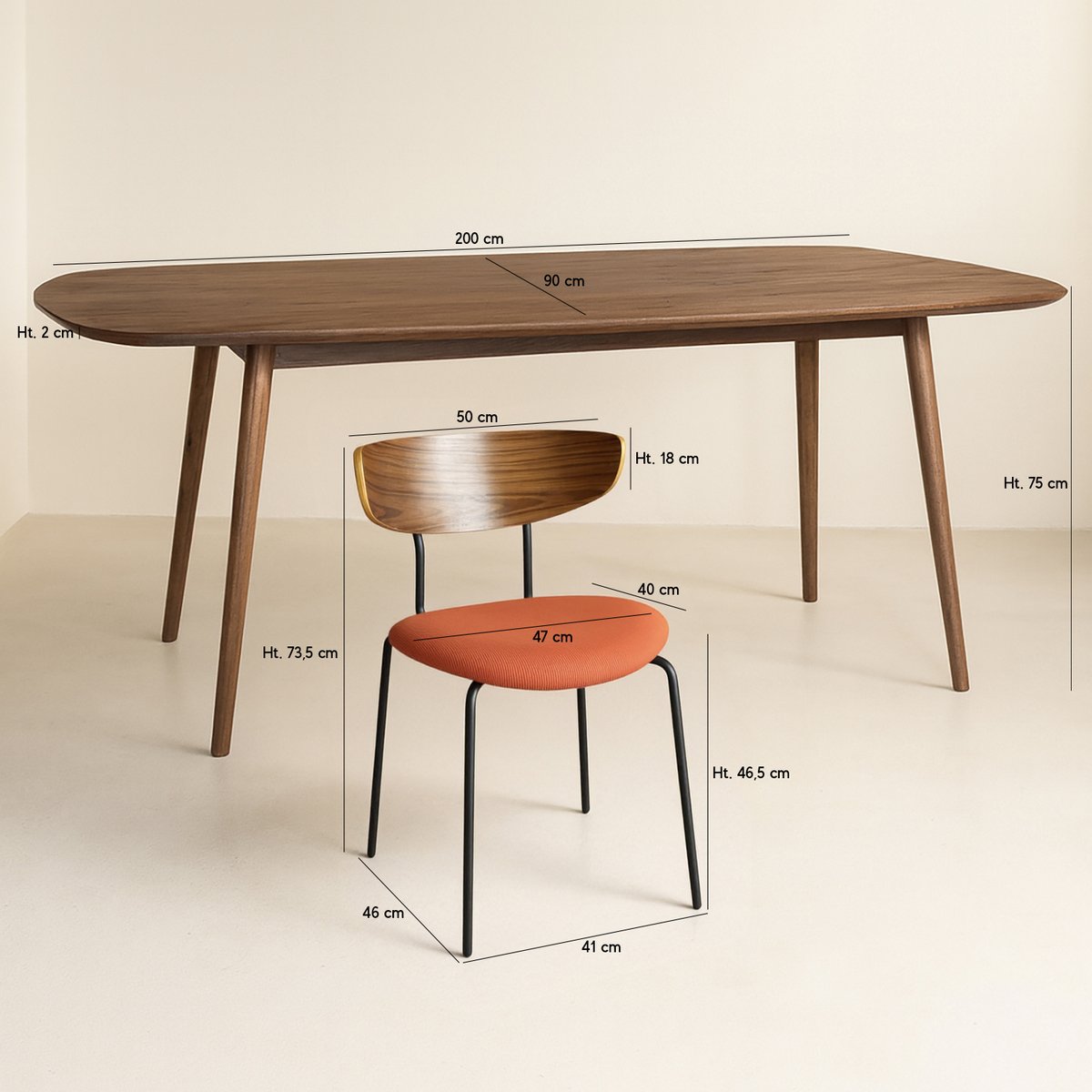 Ensemble table 200cm et 6 chaises en velours côtelé, RIVA terracotta, NOW'S HOME