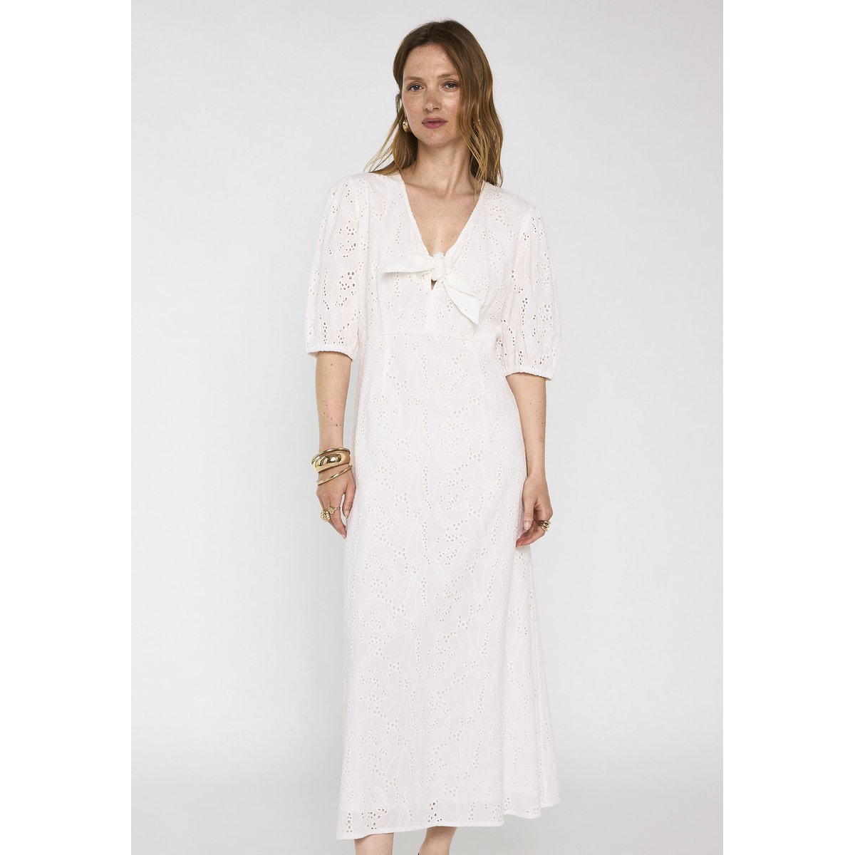 Robe droite brodée en coton LAURENE blanc, Maison 123
