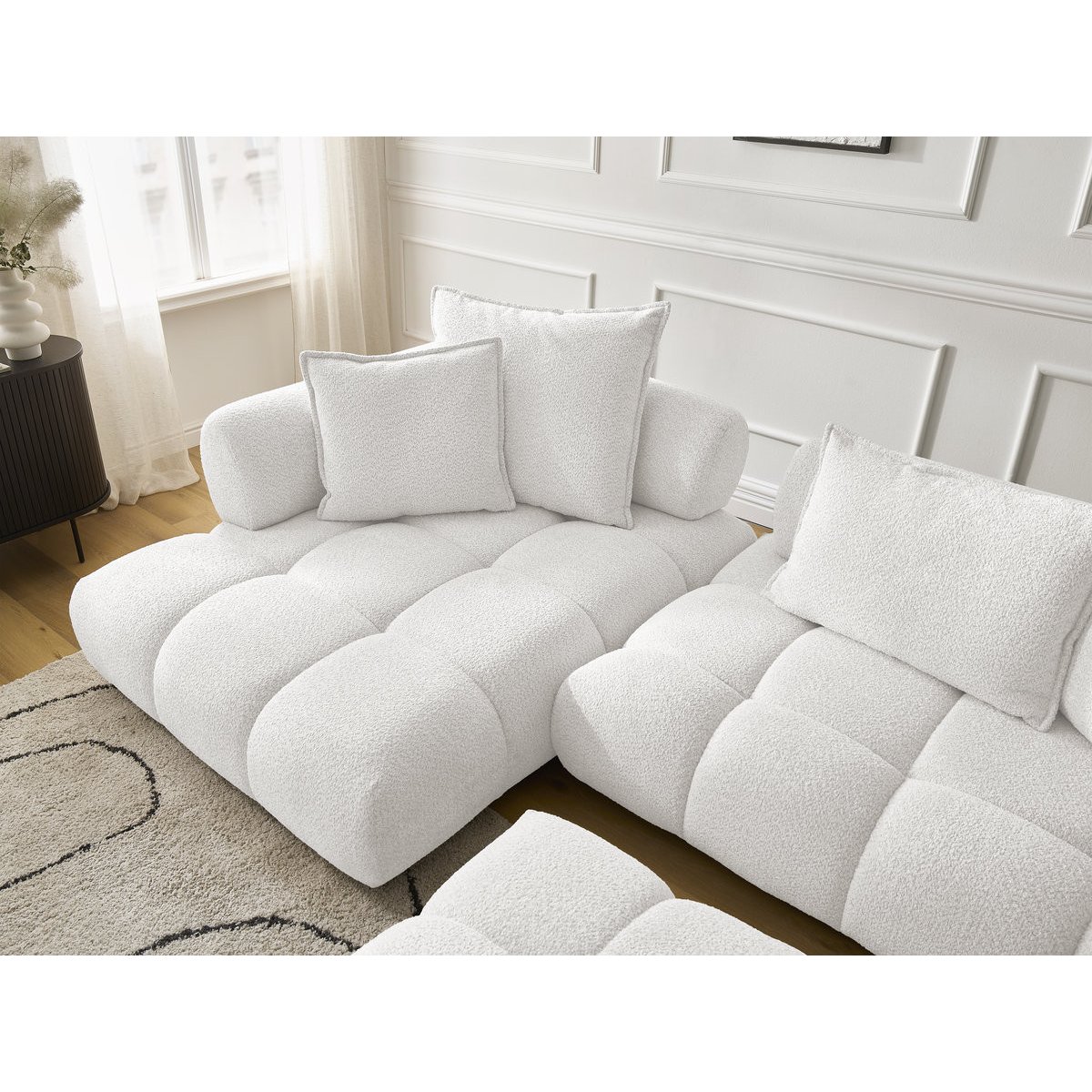 Canapé d'angle fixe 4 places en tissu bouclette avec pouf, ALYA blanc, BOBOCHIC
