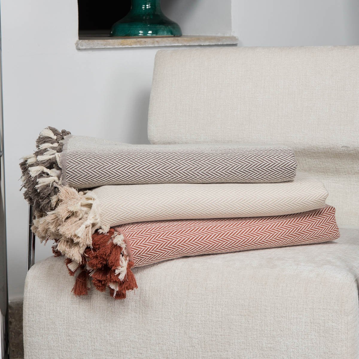Plaid coton MEGEVE taupe clair, FEBRONIE