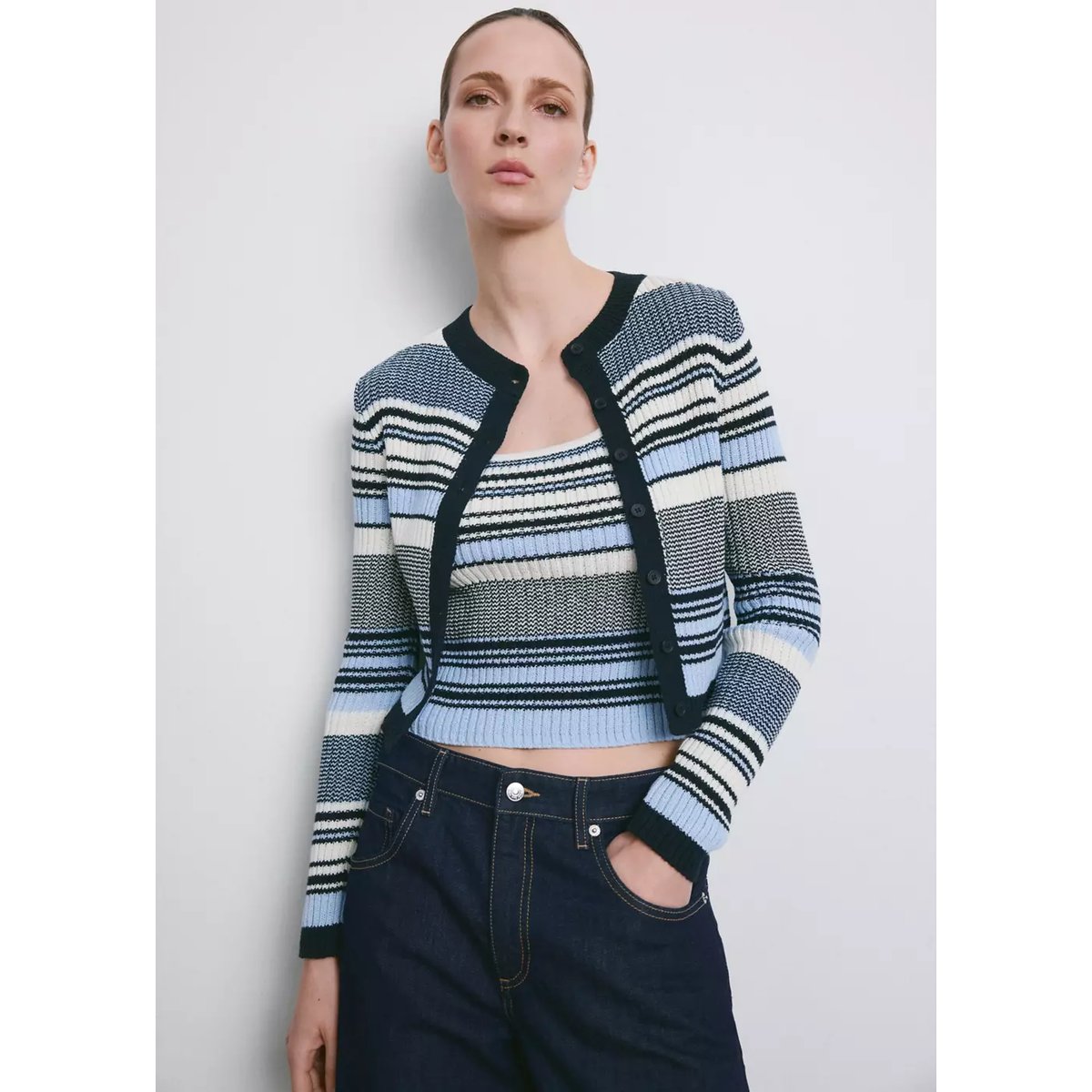 Cardigan maille rayures bleu, MANGO