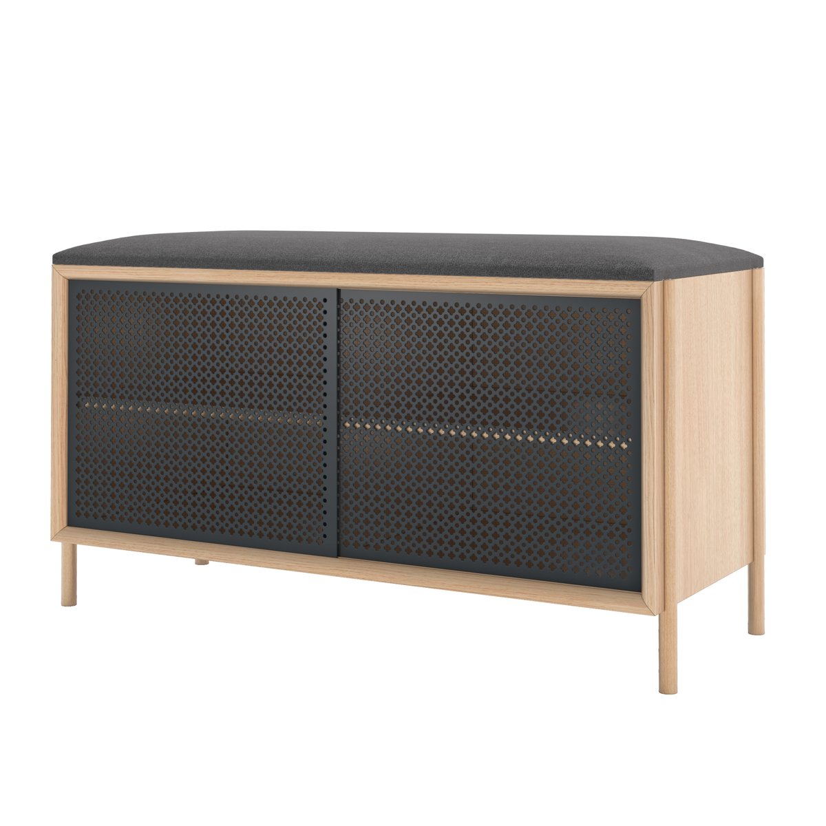 Banc d'entrée en chêne avec rangement et portes coulissantes, GABIN gris ardoise, HARTO