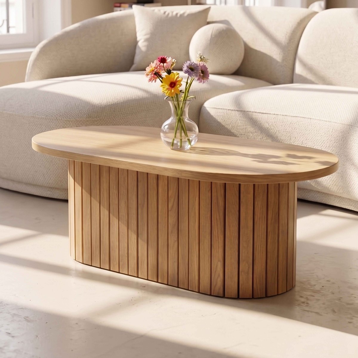 Table basse ovale en MDF décor mélaminé FSC, ELENA bois clair, OVIALA