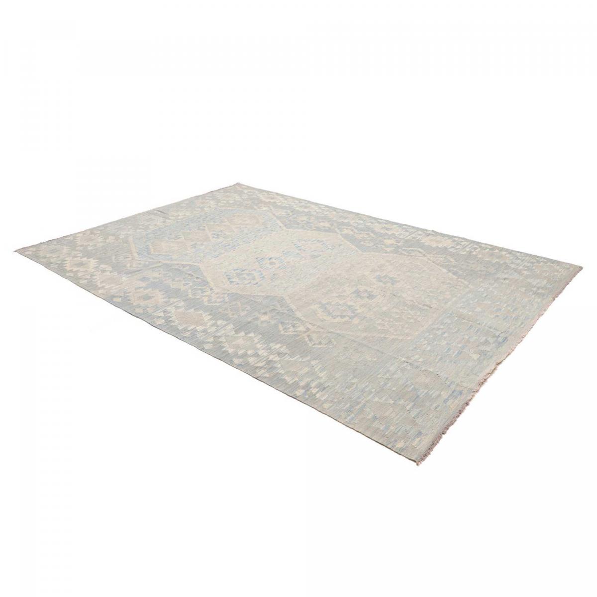 Tapis kilim, motif géométrique authentique, tissé plat, KILIM 75 bleu, beige, crème, UN AMOUR DE TAPIS