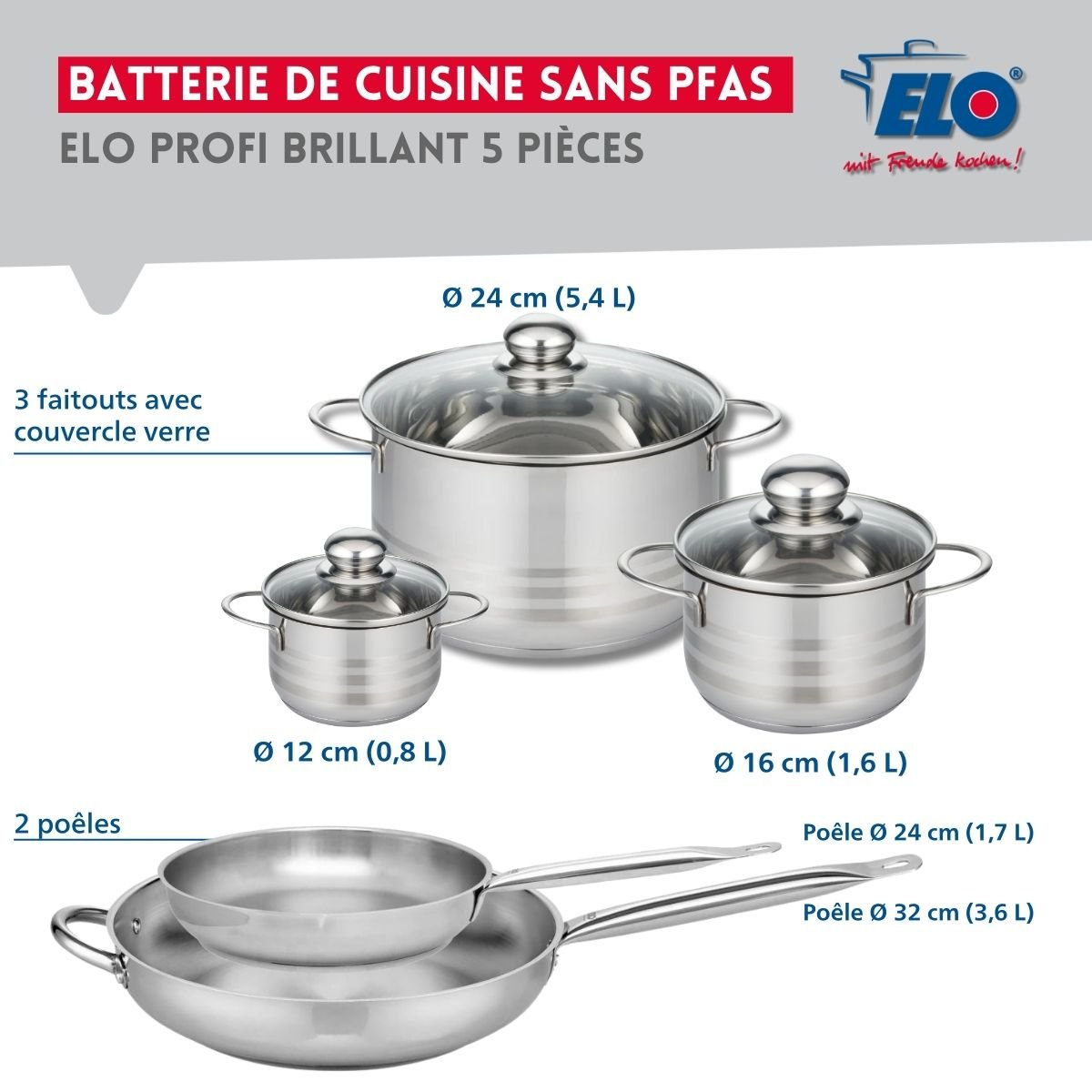 Batterie 2 poêles 24/32cm + 3 faitouts 12/16/24cm PROFI BRILLANT gris, ELO
