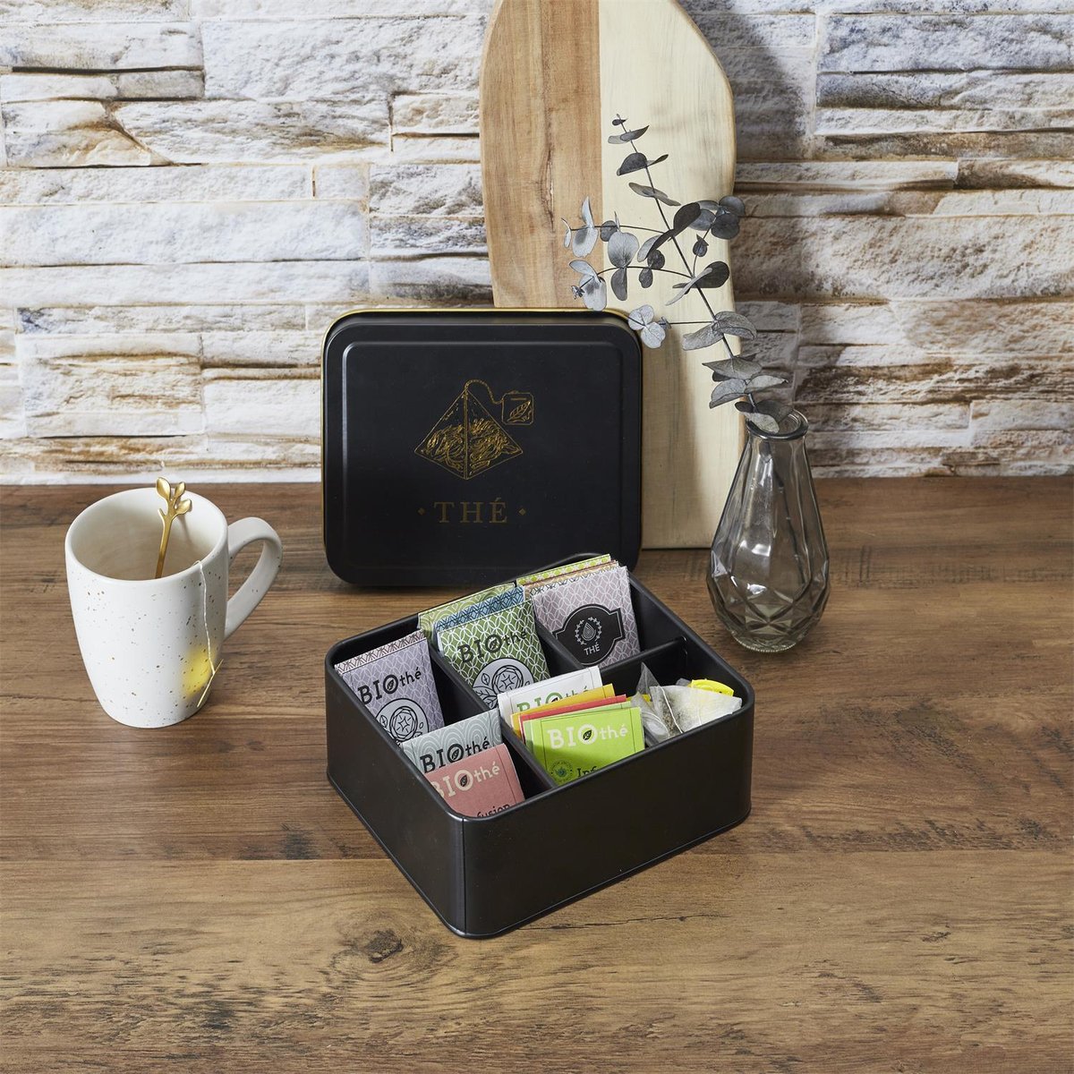 Boîte à sachet de thé en métal noir et doré couleur unique, EDEN