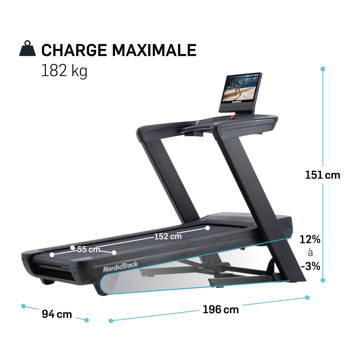 Tapis de course Commercial 1750 connecté iFIT / Ecran tactile 16" noir, NORDICTRACK