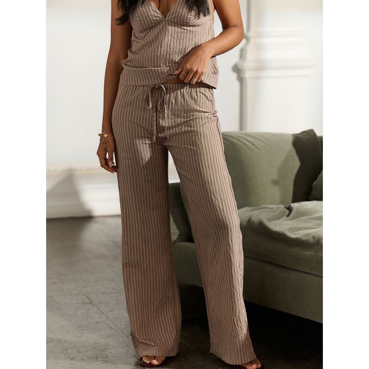 Pantalon large élastique rayures marron moka, NEXT