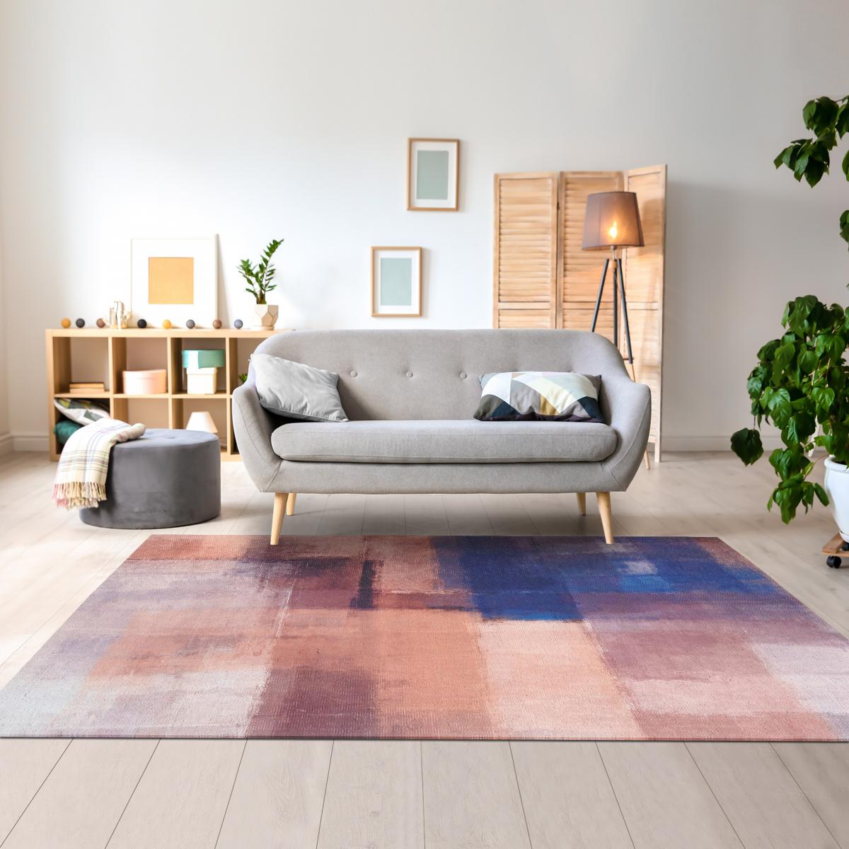 Tapis extérieur tissé kilim rectangle HOMAR ocre, marron, bleu, UN AMOUR DE TAPIS