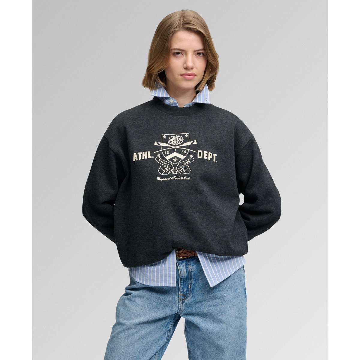 Sweatshirt Country Club Col Rond noir phantom chiné, SUPERDRY