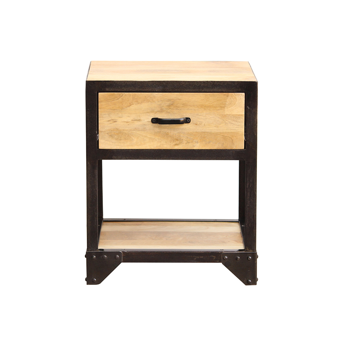 Table de chevet avec tiroir industrielle en bois manguier massif INDUSTRIA bois clair / noir, MILIBOO