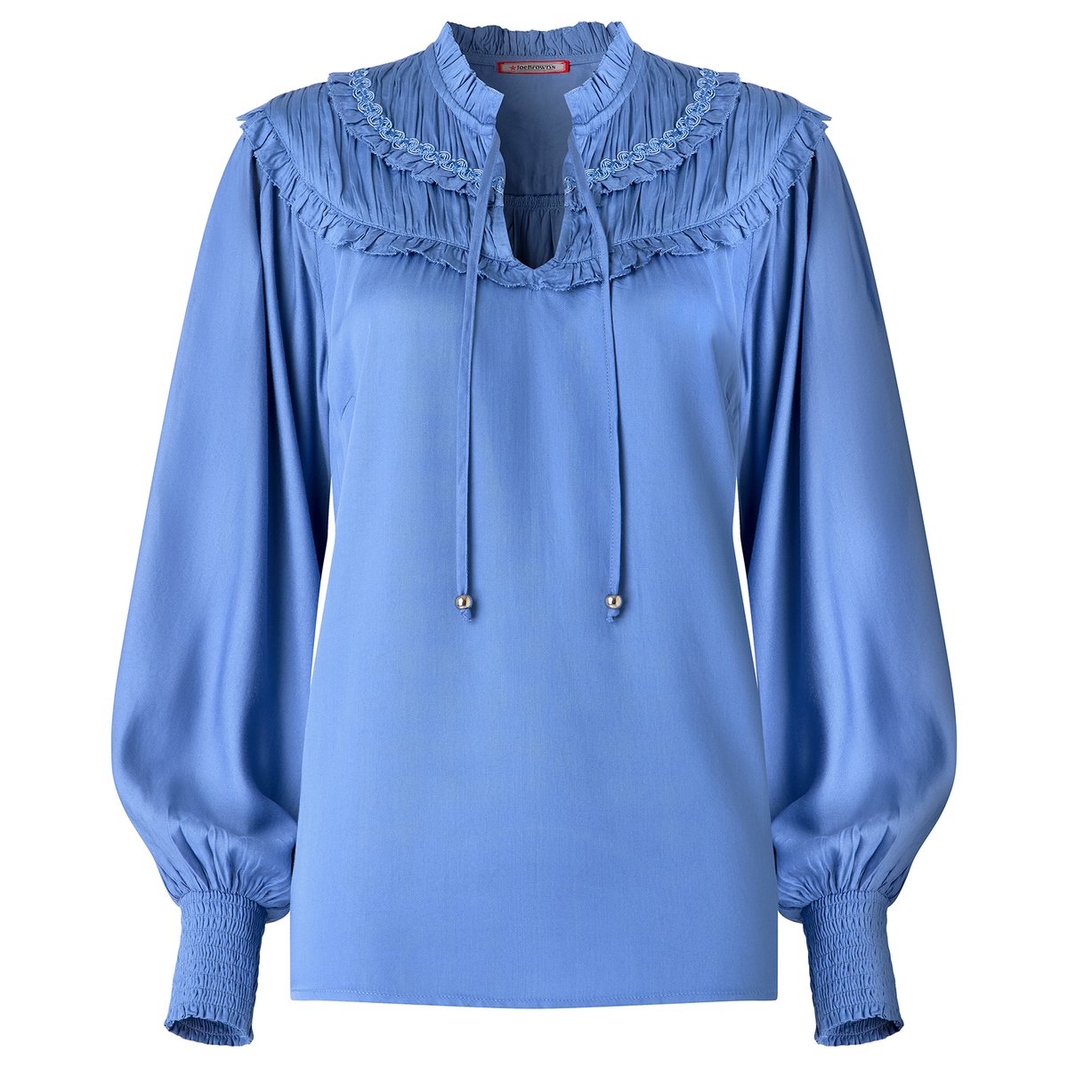 Blouse Romantique à Col Noué à Volants et Manches Ballon bleu, JOE BROWNS