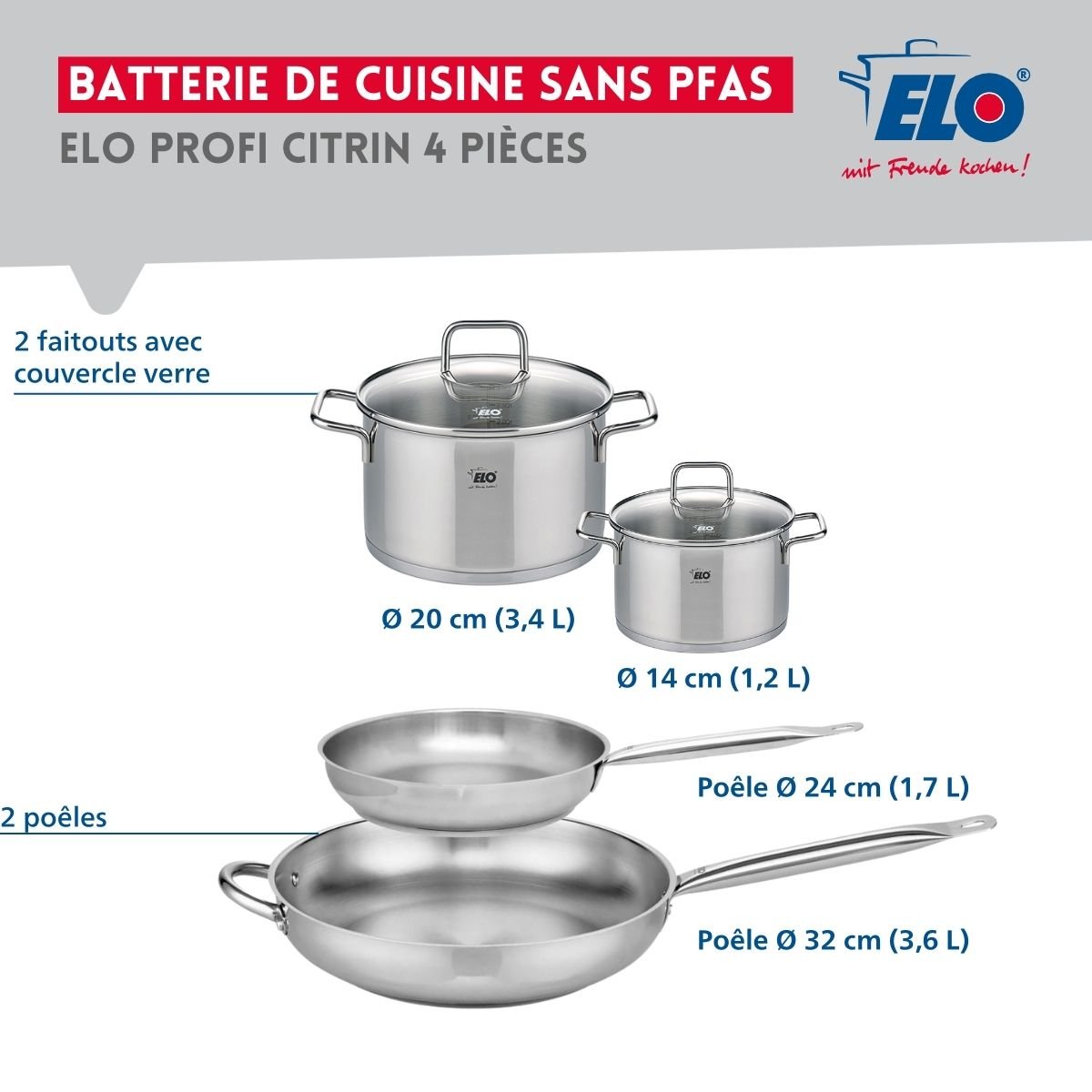 Batterie 2 poêles 24/32cm + 2 faitouts 14/20cm PROFI CITRIN gris, ELO