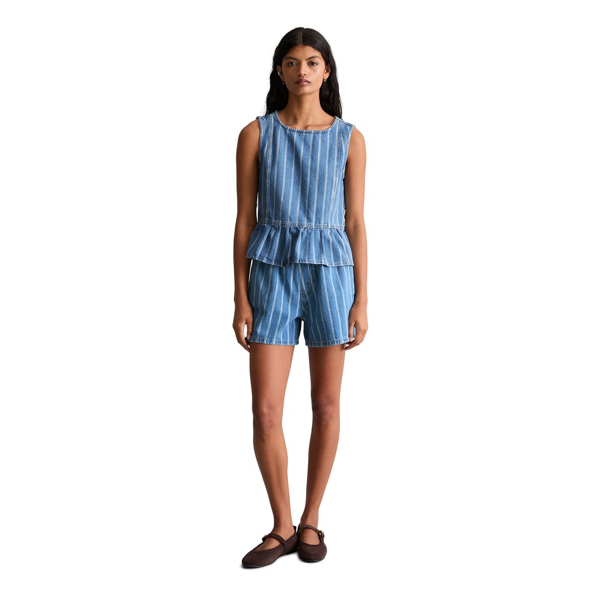 Blouse en jean-volant rayé relaxed en pur coton organique bleu, MARC O’POLO DENIM