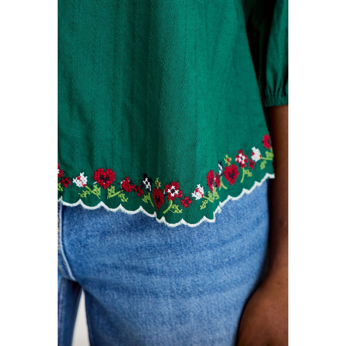 Blouse broderie col v manches 3/4 vert foncé, CACHE CACHE