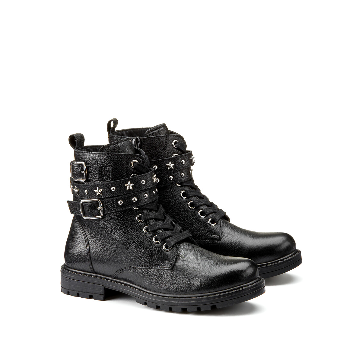 Kids' Leather Biker Boots with Laces black, LA REDOUTE COLLECTIONS