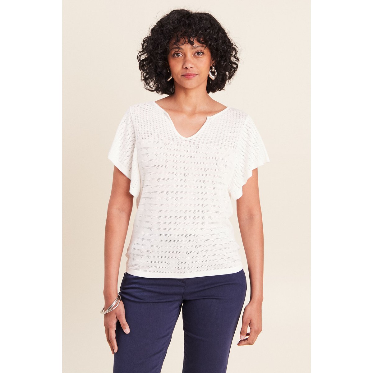 Pull col tunisien manches courtes ecru, BREAL