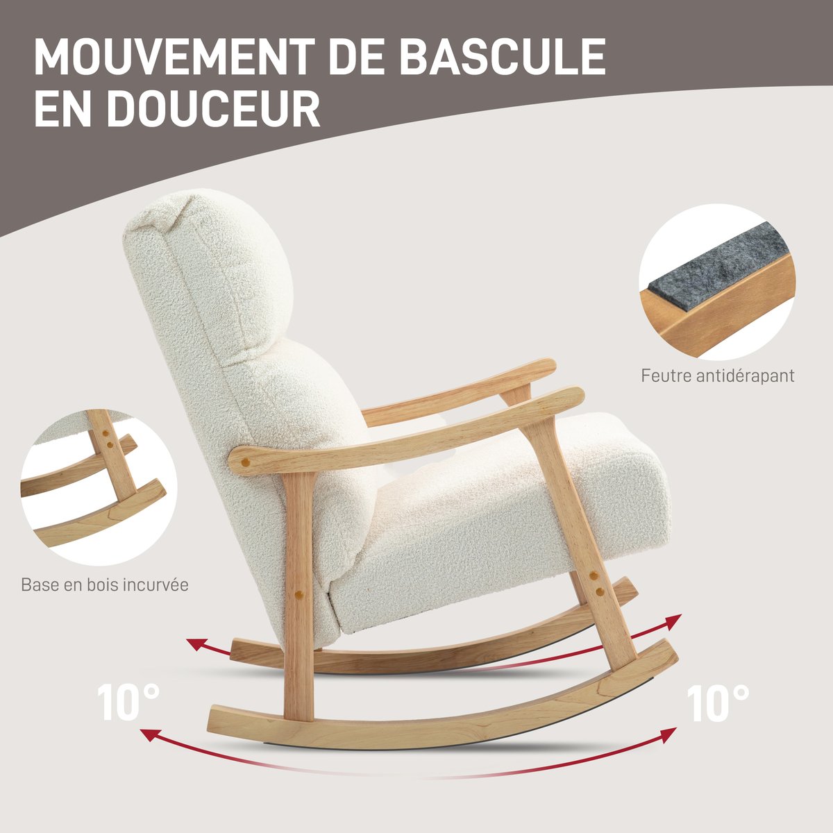 Fauteuil à bascule Tissu en velours teddy crème, HOMCOM