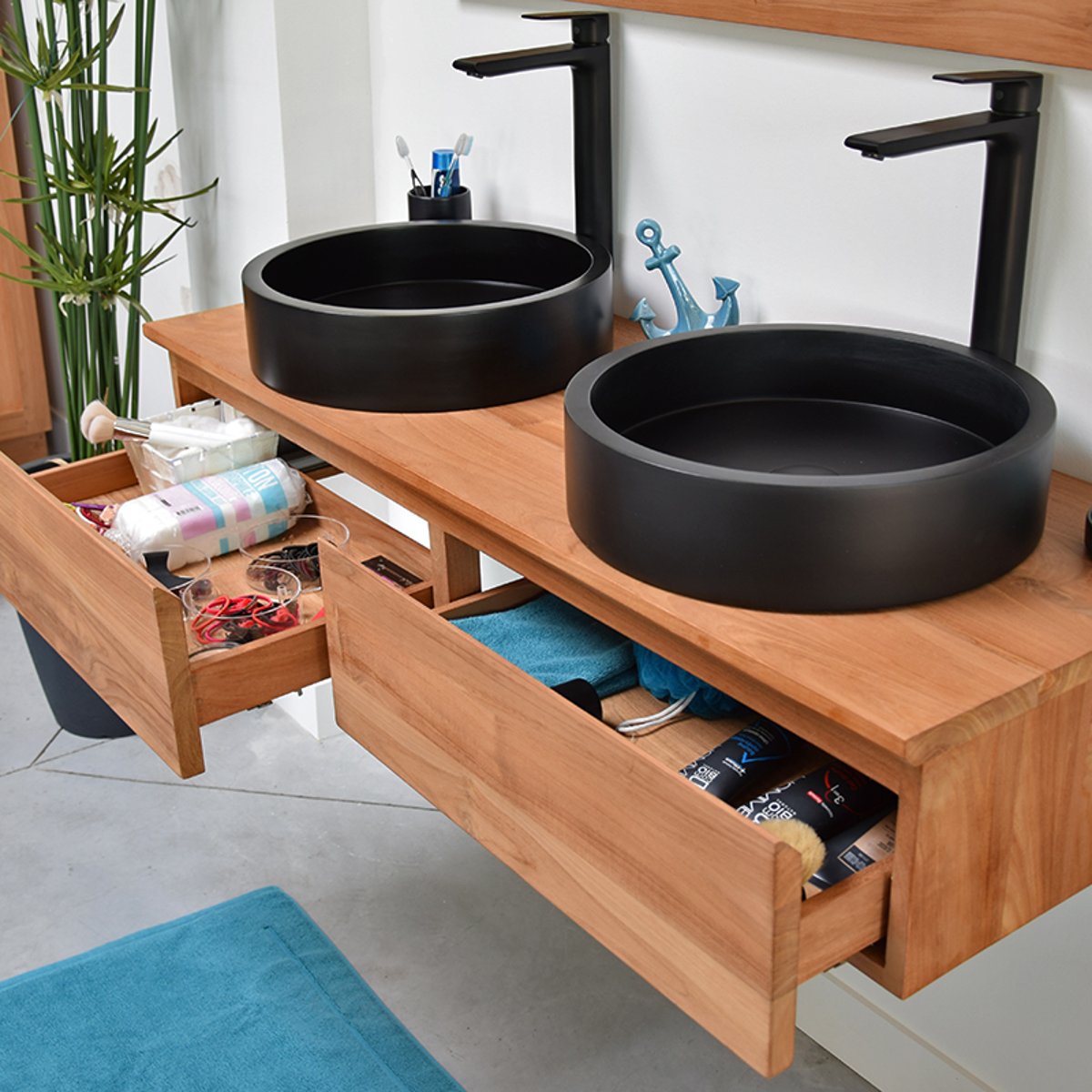 Meuble suspendu 2 tiroirs en teck massif 120 cm - KHALEI naturel, WILDWATER